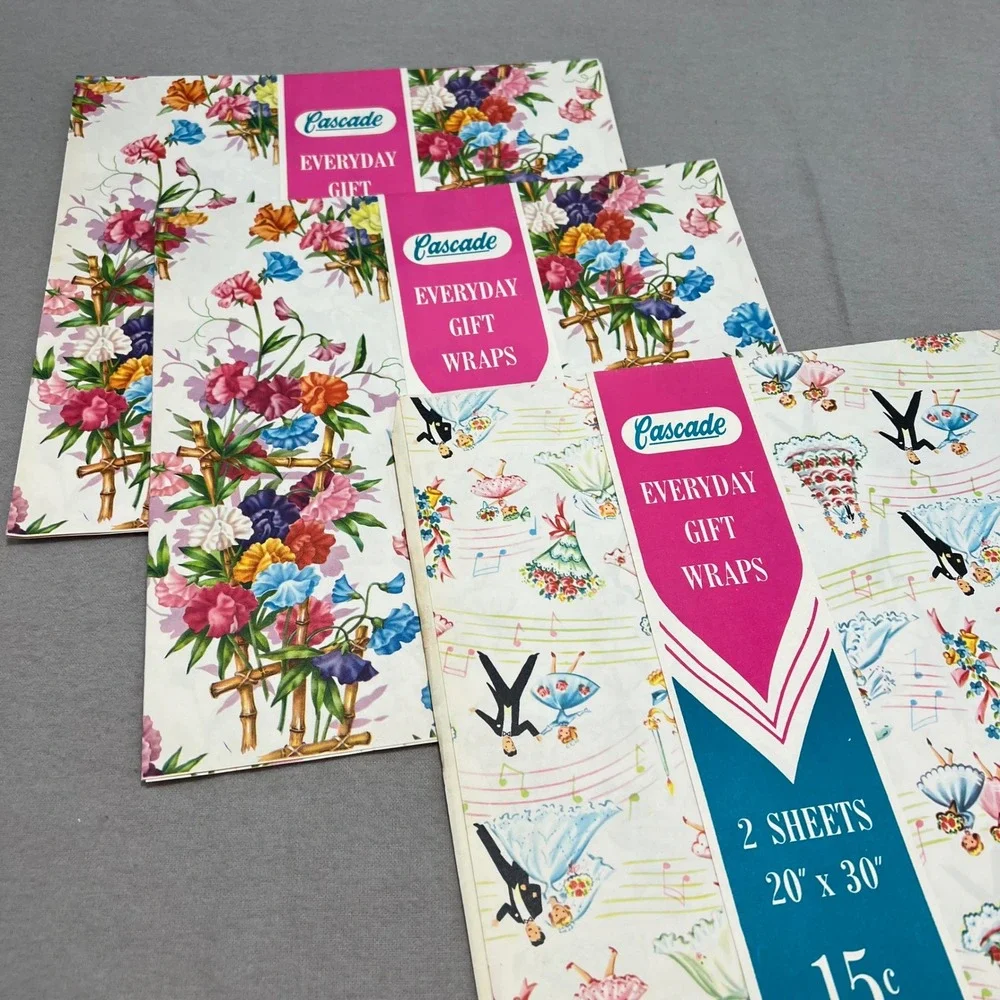 Cascade Vintage Gift Wrap Flat Folds Floral Wedding Mid Century Ephemera 5-20x30